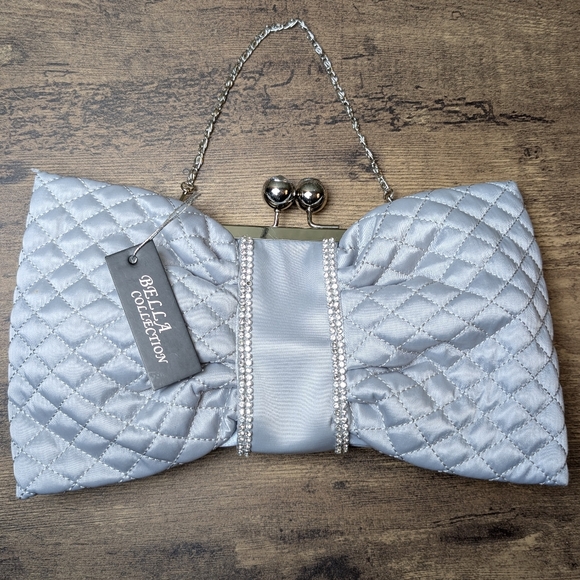 Bella Collection Handbags - NWT Bella Collection Silver Quilted Bow and Rhinestone Clutch